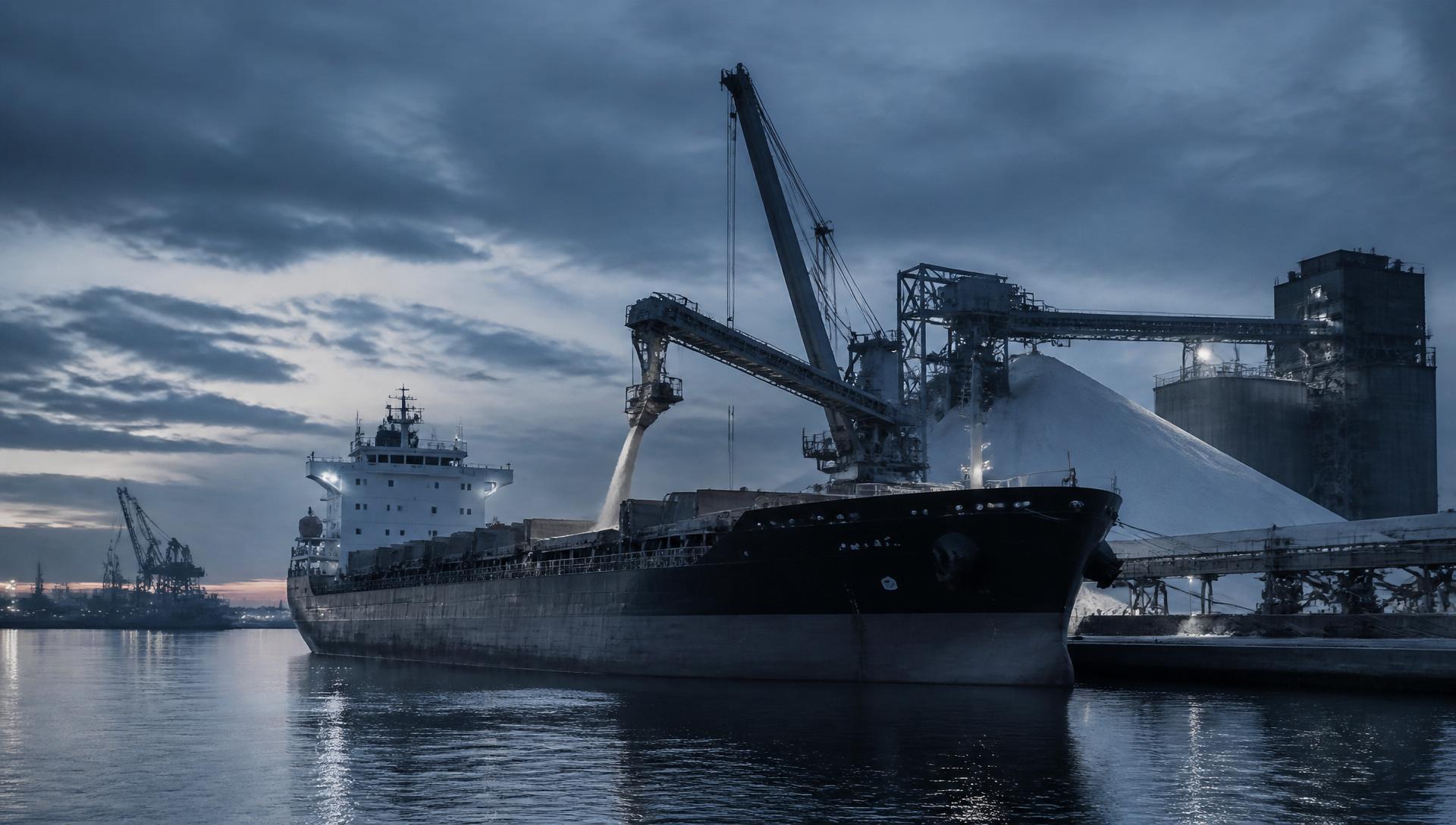 Bulk cargo vessel being loaded with salt at a European port at dusk